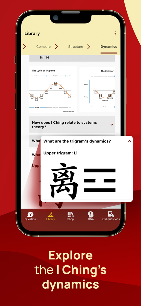 I Ching - Yi Jing Library - I Ching app interface displaying trigram dynamics and the Li hexagram symbol.