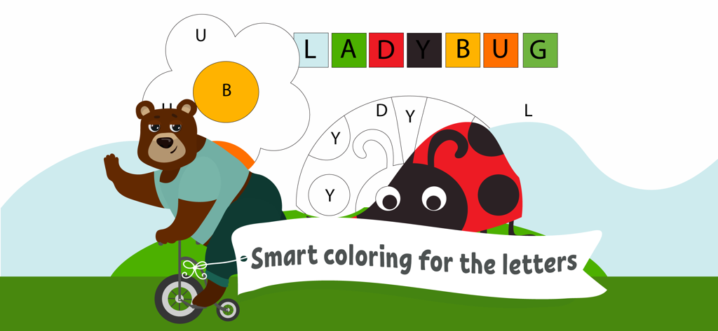 Colorazione intelligente per l'attività delle lettere con un orso in bicicletta e un'illustrazione di una coccinella.