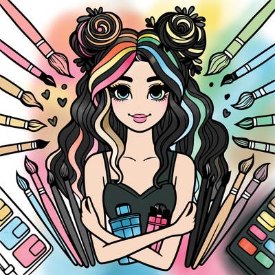 big attractive girl surrounded by brushes and colored