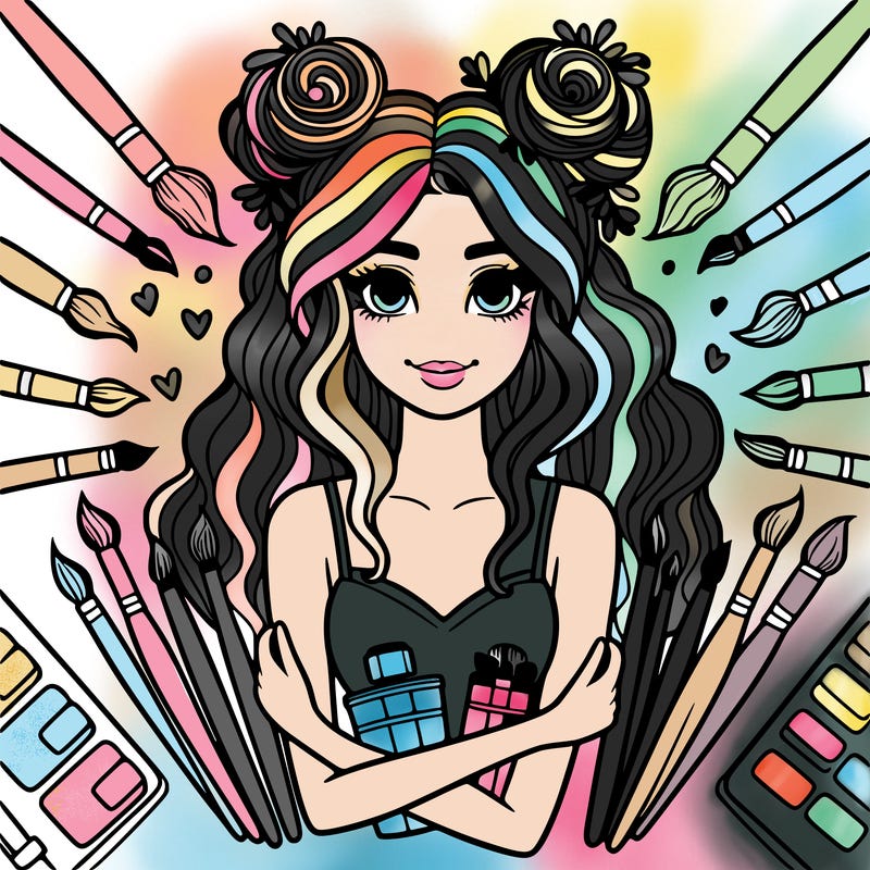 big attractive girl surrounded by brushes and colored