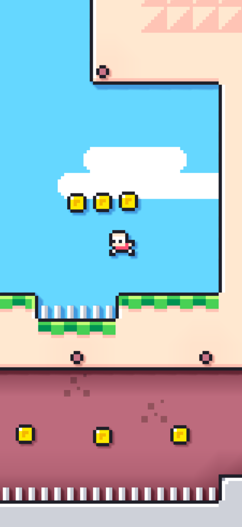 Roper - One Button Platformer - Minimalist pixel art character jumping toward gold coins in a retro platformer level.