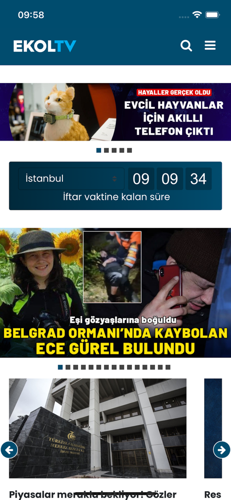 Ekol TV - Ekol TV mobile app interface displaying Turkish news headlines and an Iftar countdown timer.