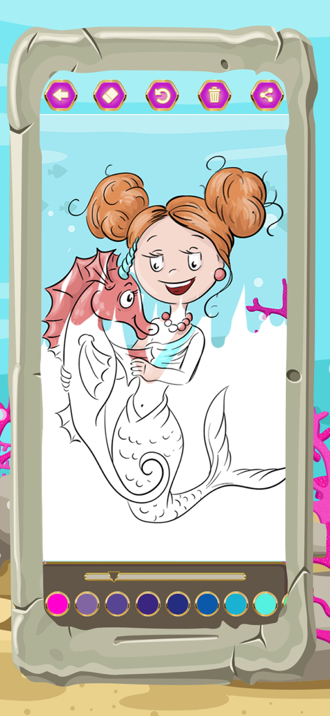 Magic Mermaid Coloring Books - Digital interface of a mermaid coloring book app featuring a seahorse illustration and color picker