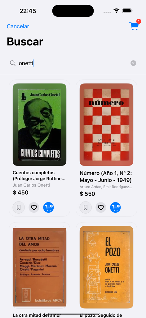 Tremendos Libros - Search results for author Onetti in the Tremendos Libros mobile app showing book covers, prices, and shopping cart options.