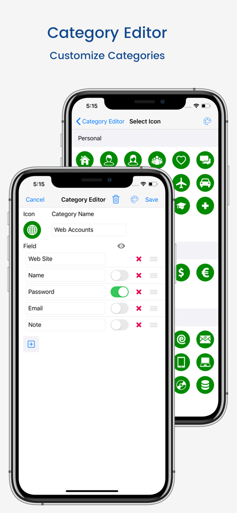 aWallet Password Manager - aWallet app interface showing the category editor for customizing data fields and choosing icons