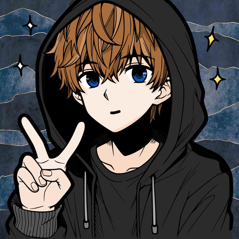 teenage manga boy in a hoodie, doing ✌