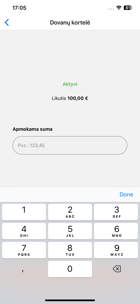 Geradovana Smart Partner - Screen showing an active gift card balance and payment entry field in the Geradovana Smart Partner app.