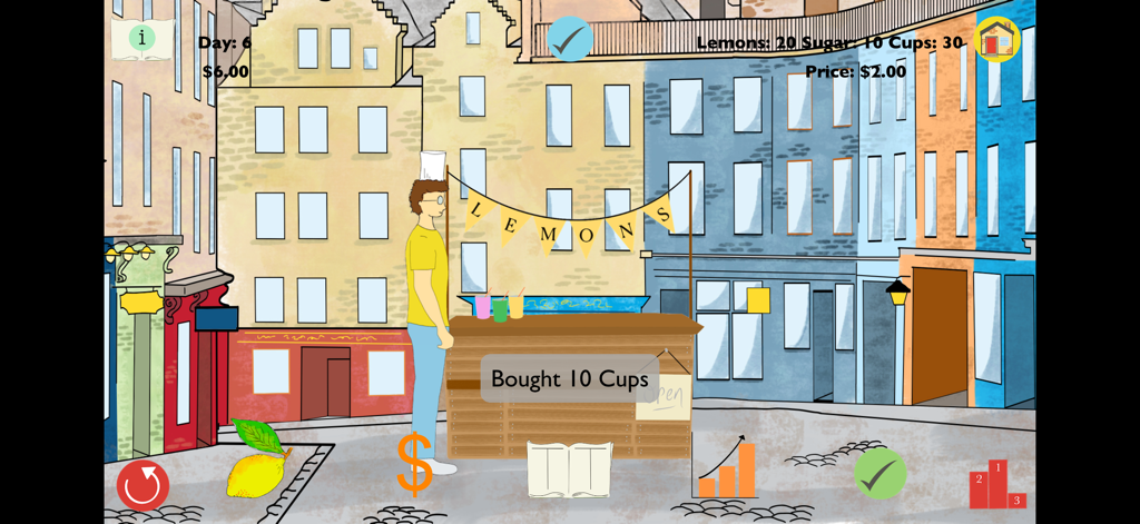 Lemons: Learn Accounting - A character managing a lemonade stand in the Lemons Learn Accounting simulation app