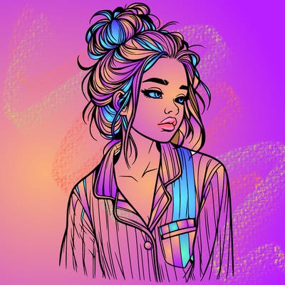 realistic woman with pajamas on and a messy bun