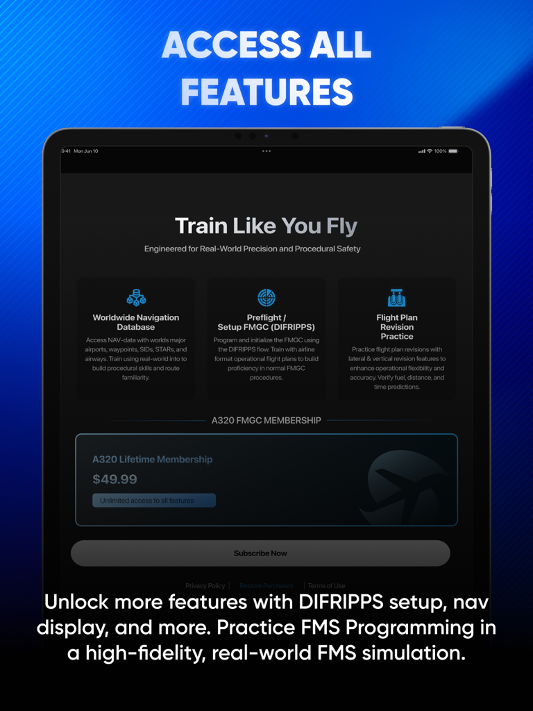 Pantalla de iPad que muestra las características de la aplicación A320 FMS, incluida la base de datos de navegación mundial y la configuración previa al vuelo DIFRIPPS