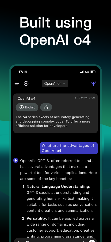 ChatBot5.2 - Latest AI models - Tela móvel do ChatBot5.2 mostrando um chat de IA sobre linguagem natural e versatilidade usando modelos OpenAI