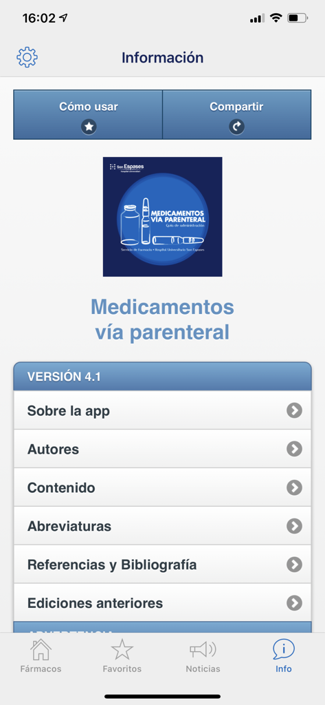 Medicamentos vía parenteral - Menú de información de la aplicación de medicamentos parenterales que muestra opciones de detalles de la aplicación, autores y referencias.