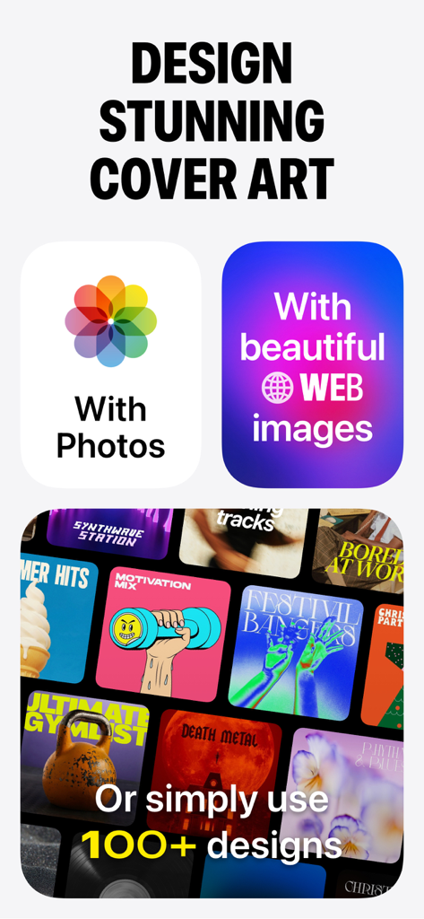 Denim - Playlist Cover Maker - Interface montrant des options pour créer des pochettes d'albums de playlists en utilisant des photos personnelles, des images du web ou plus de 100 designs préfabriqués