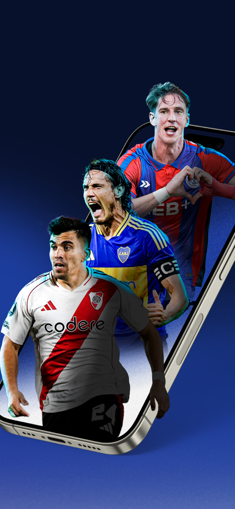 Three Argentinian soccer players from River Plate and Boca Juniors on a smartphone screen showcasing the AFA Play app