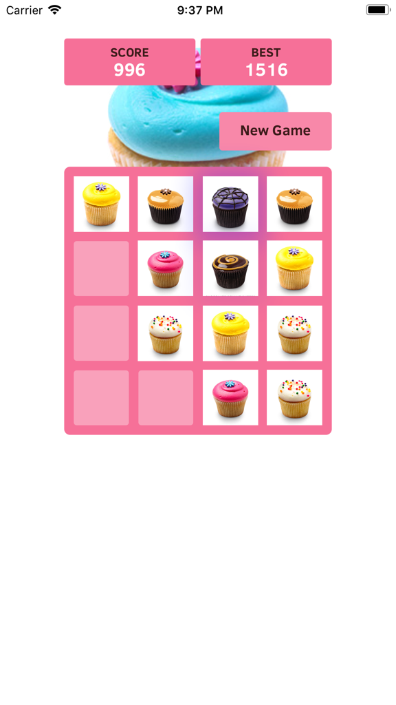 Gameplay screen of 2048 Cupcake showing a 4x4 grid filled with various colorful cupcakes and a score counter at the top
