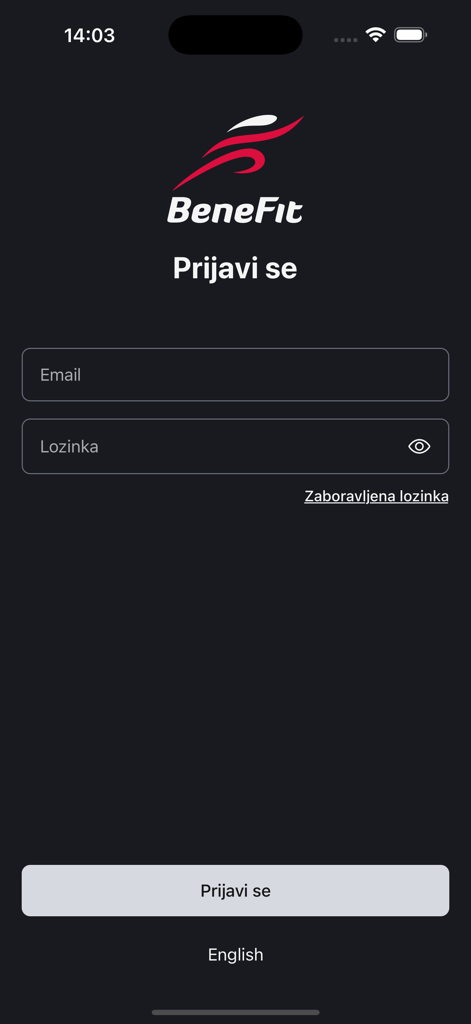 Pagina di accesso dell'app mobile BeneFit plus con campi di inserimento email e password
