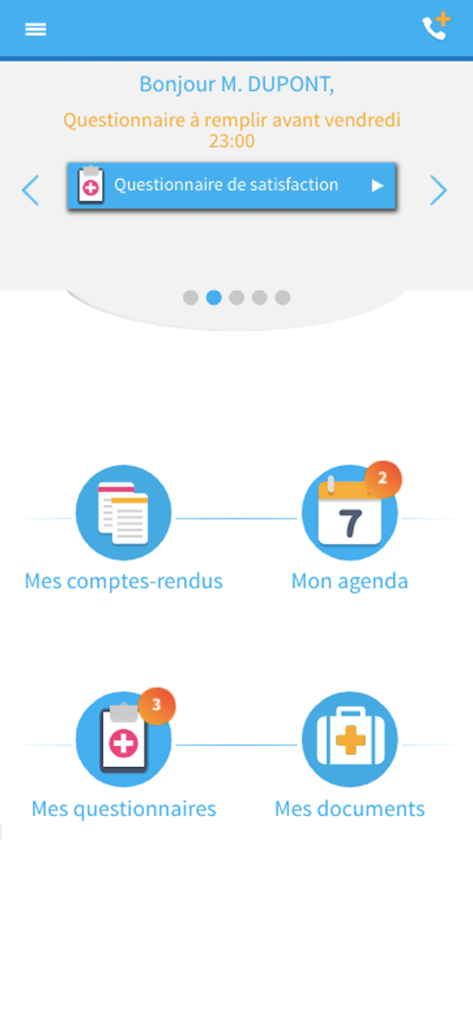 engage, suivi patient connecté - Tela inicial do aplicativo Engage exibindo o painel do paciente com seções para relatórios médicos, agenda, questionários e documentos