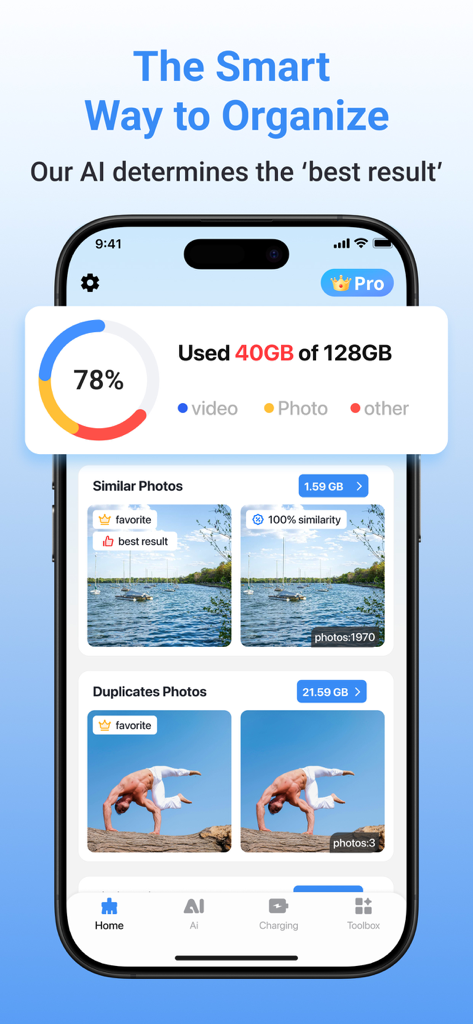 SmartClean AI：Auto Cleanup - SmartClean AI app interface showing storage analysis and detection of similar and duplicate photos for easy cleanup