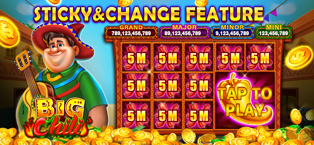 Billion Cash Slots-Casino Game - Pantalla del juego Billion Cash Slots con el tema Big Chili con un músico de dibujos animados y grandes recompensas en monedas
