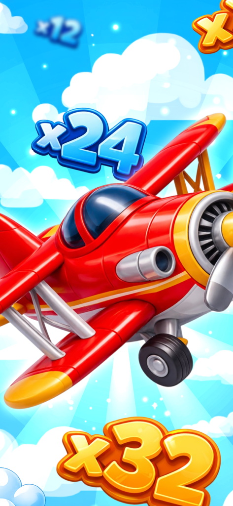 파란 하늘을 나는 빨간색 만화 복엽기, 큰 점수 배율 텍스트가 있음