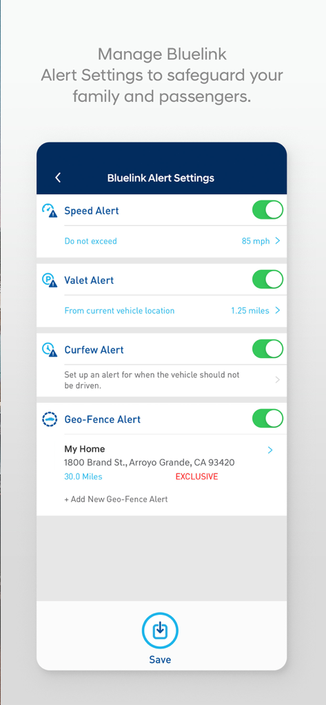 MyHyundai with Bluelink - Pantalla de la aplicación MyHyundai que muestra la configuración de alertas de Bluelink para velocidad, valet, toque de queda y geovallas.