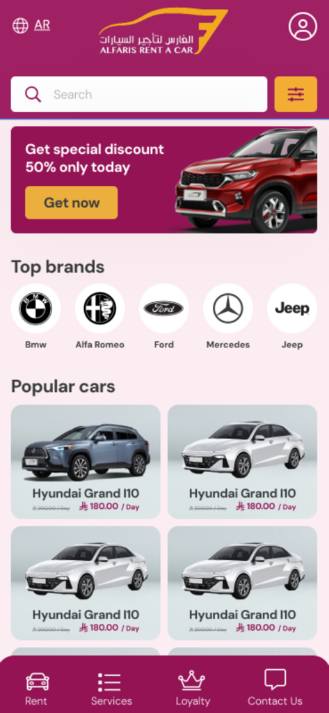 Alfaris Rent A Car - Alfaris Rent A Car mobile app home screen showing car search and popular rental options