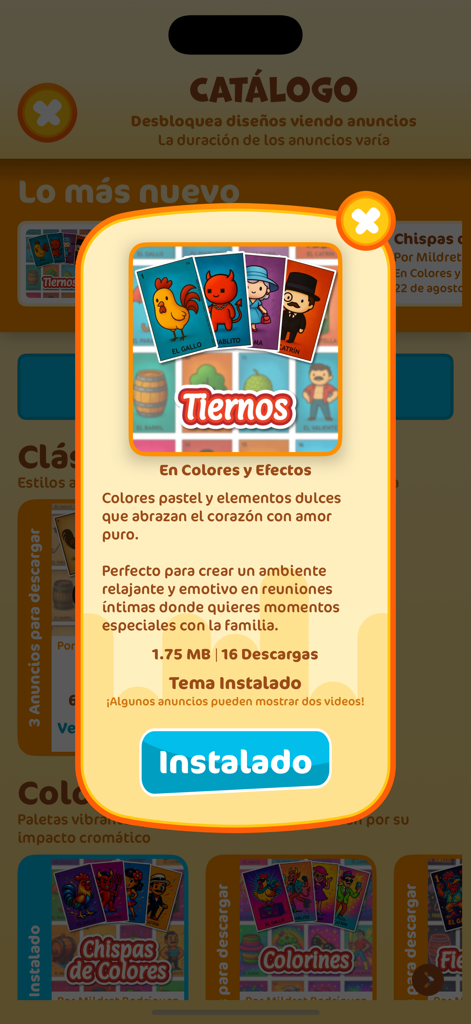 Lotería Mexicana - La Baraja - Tela do catálogo do aplicativo Lotería Mexicana mostrando um pop-up para o tema Tiernos com ilustrações de personagens em tons pastel.