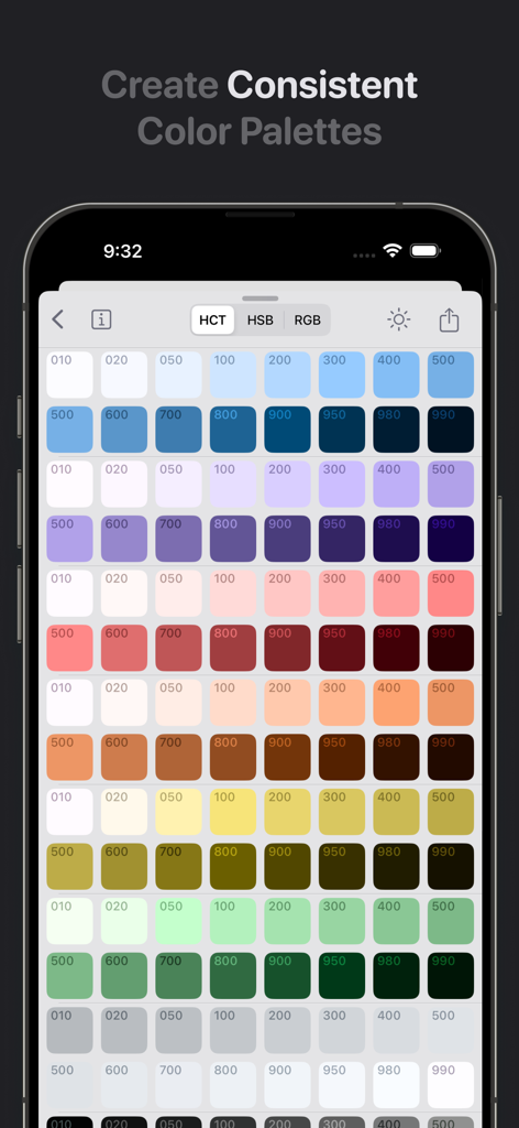 Paletteer Colors - Paletteer Colors app interface showing a grid of consistent color palettes with different shades