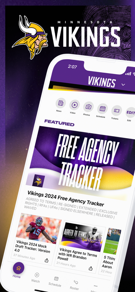Minnesota Vikings - Home screen of the Minnesota Vikings official mobile app showing team news and featured articles