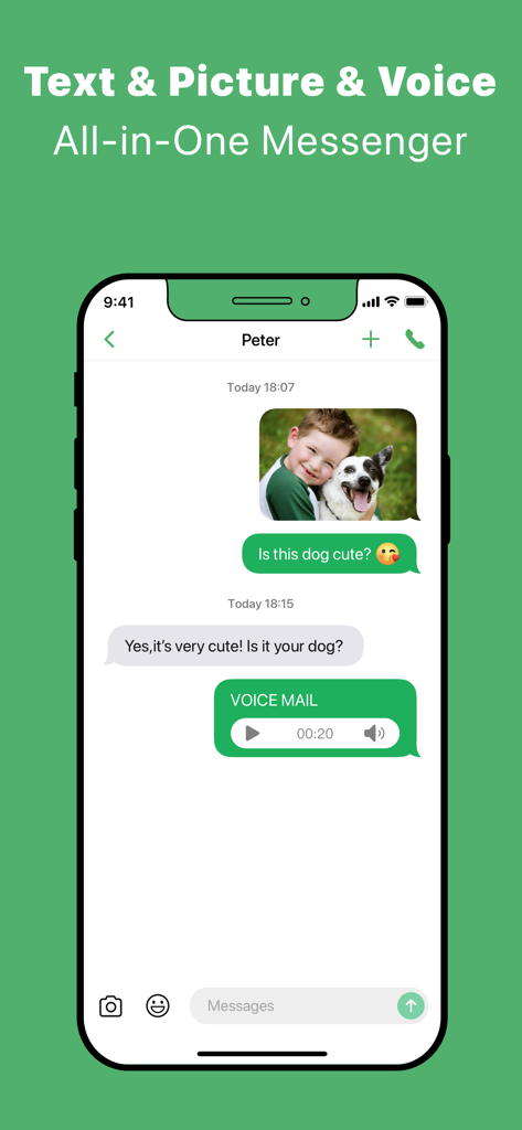 Uma interface de mensagens mostrando mensagens de texto, uma foto de um menino com um cachorro e uma mensagem de correio de voz no aplicativo Número de Telefone Secundário.