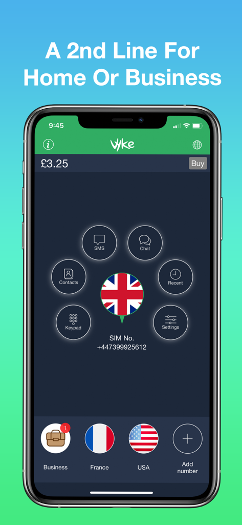 Vyke: Second Phone Number - Vyke app interface showing multiple virtual phone numbers for business and personal use