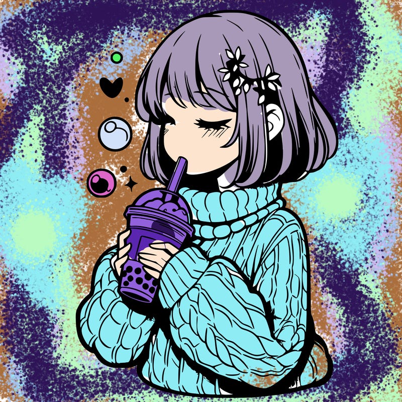 manga girl drinking boba in cozy sweater