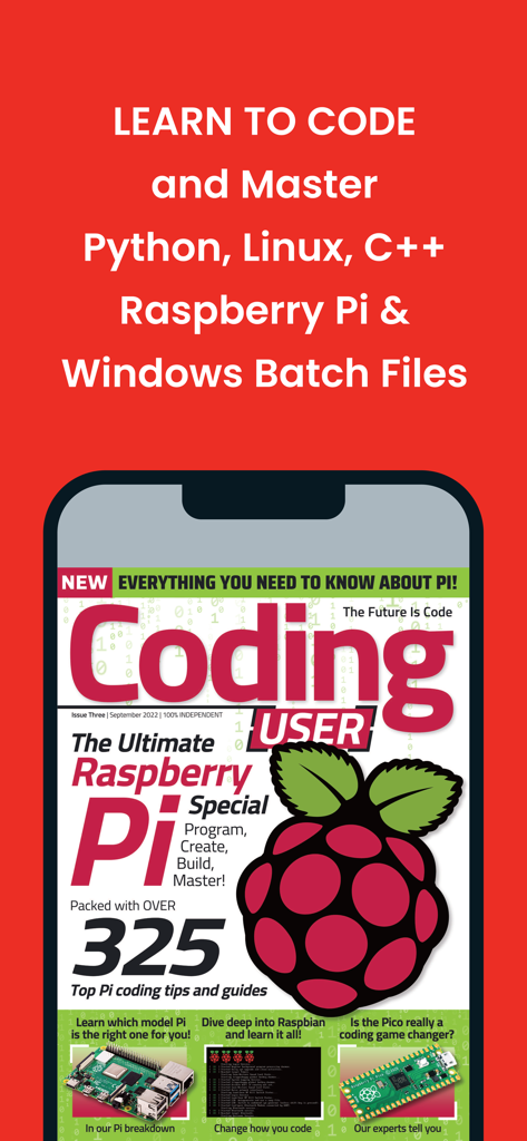 Promotional screen for the Coding User app showing a digital magazine cover for Raspberry Pi guides and coding tutorials.