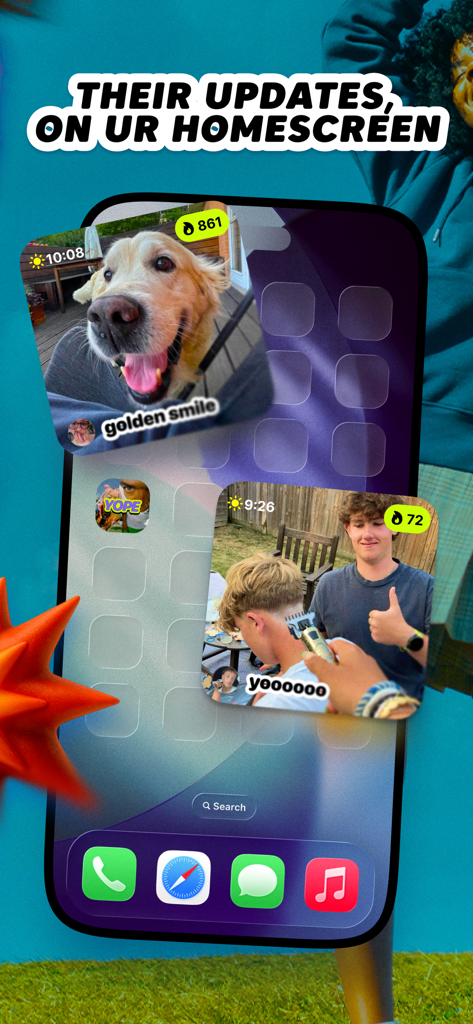 yope: friends-only pics - Una pantalla de inicio de iPhone que muestra dos widgets de yope con fotos candidatas de amigos y recuentos de rachas diarias