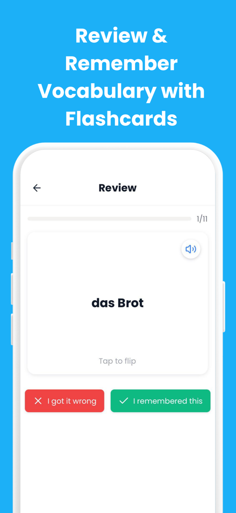 Learn German - Deutsch Mentor - Interface of the Deutsch Mentor app showing a German vocabulary flashcard for review.