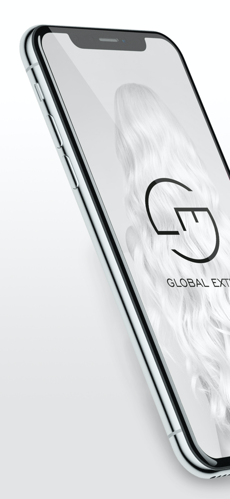 Aplicación móvil Global Extend mostrando el logotipo de la marca sobre un fondo de cabello largo y ondulado
