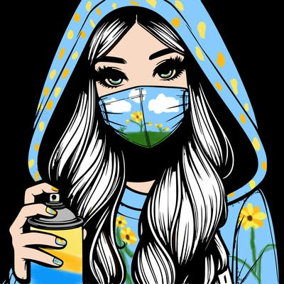 girl wearing a mask with long hair with her hood up spray-painting realistic