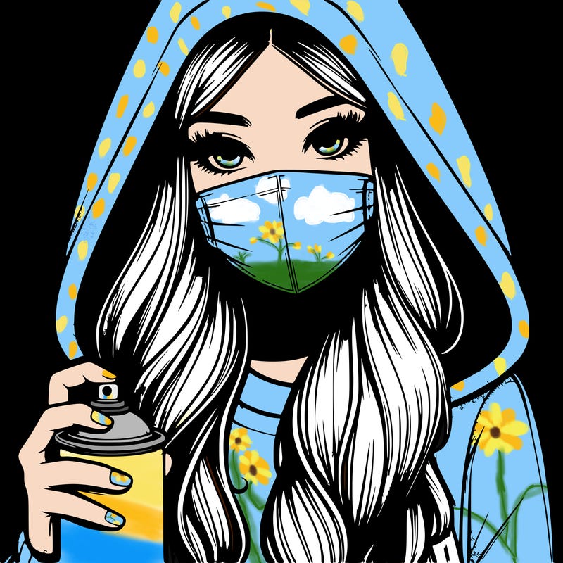 girl wearing a mask with long hair with her hood up spray-painting realistic