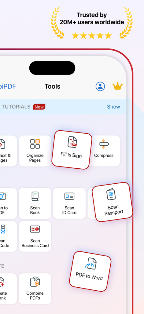 Interface do aplicativo MobiPDF exibindo ferramentas de produtividade, incluindo preencher e assinar, digitalizar passaporte e conversão de PDF para Word