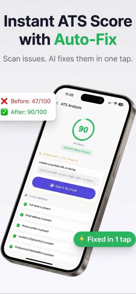 Resume Builder, CV Maker, ATS - RZME mobile app showing instant ATS resume score improvement with auto-fix feature