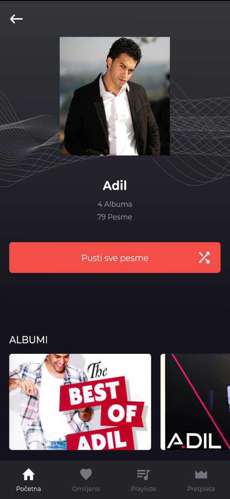 Balkan myusic - Balkan myusicアプリのアディル（Adil）のアーティストプロフィールページ。アルバムと再生ボタンが表示されています。