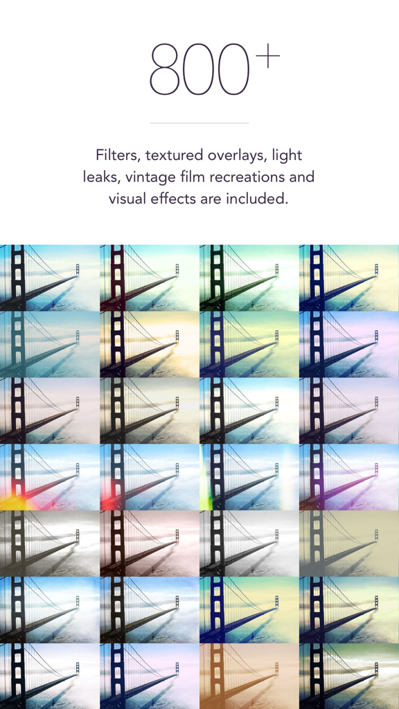 Filters for iPhone and iPad - Cuadrícula del Puente Golden Gate mostrando diferentes filtros de fotos y efectos de película vintage