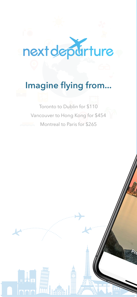 Next Departure app interface showing cheap flight deals from Toronto Vancouver and Montreal