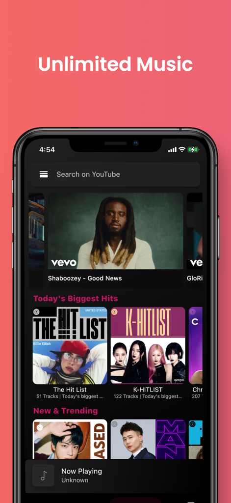 Youtify mobile app interface showing music search and trending global playlists.