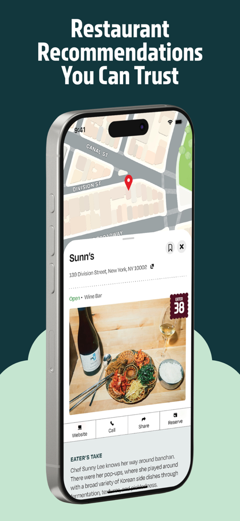 Eater - O aplicativo Eater exibindo uma recomendação de restaurante confiável em Nova York com um mapa e crítica gastronômica