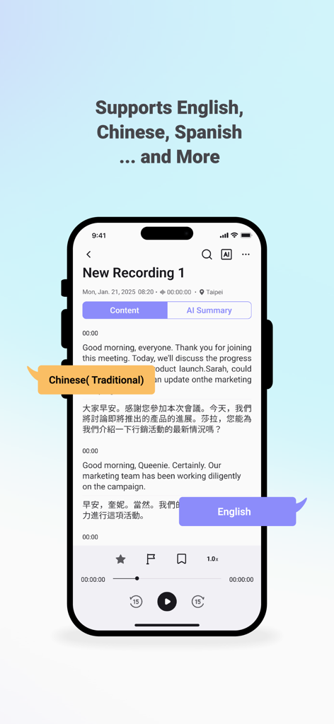 Litok: Record with AI summary - Screenshot of Litok app displaying bilingual transcription in English and Traditional Chinese