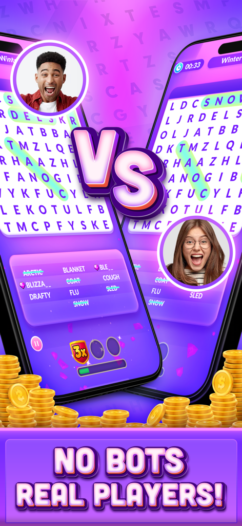 Dos pantallas móviles mostrando una partida competitiva uno a uno de búsqueda de palabras entre jugadores reales con monedas de oro en la parte inferior.