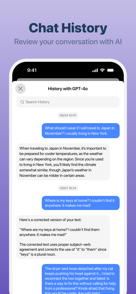 The ChatHub mobile app interface showing a conversation history log with the GPT-4o AI model.