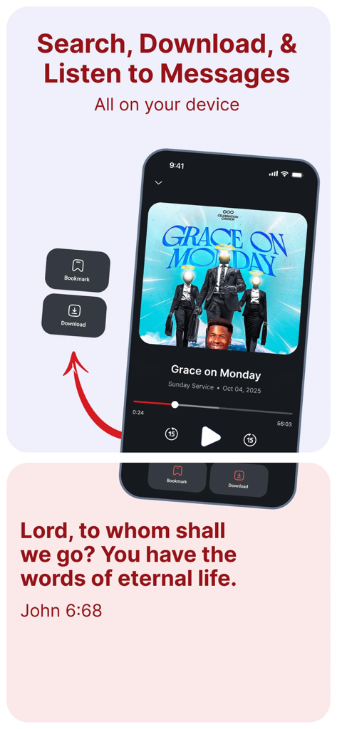 Celebration Church Int'l (CCI) - Screenshot of the CCI app showing a sermon audio player with download and bookmark features and a Bible verse from John 6:68