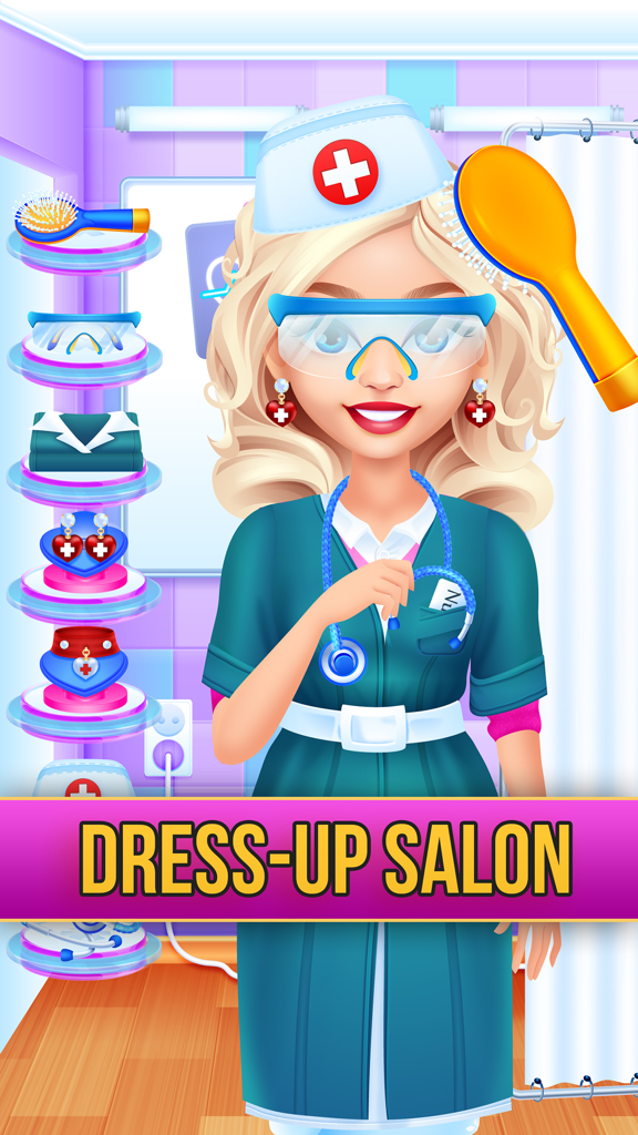 Una niña rubia vestida de enfermera con accesorios médicos en un juego de salón de disfraces.